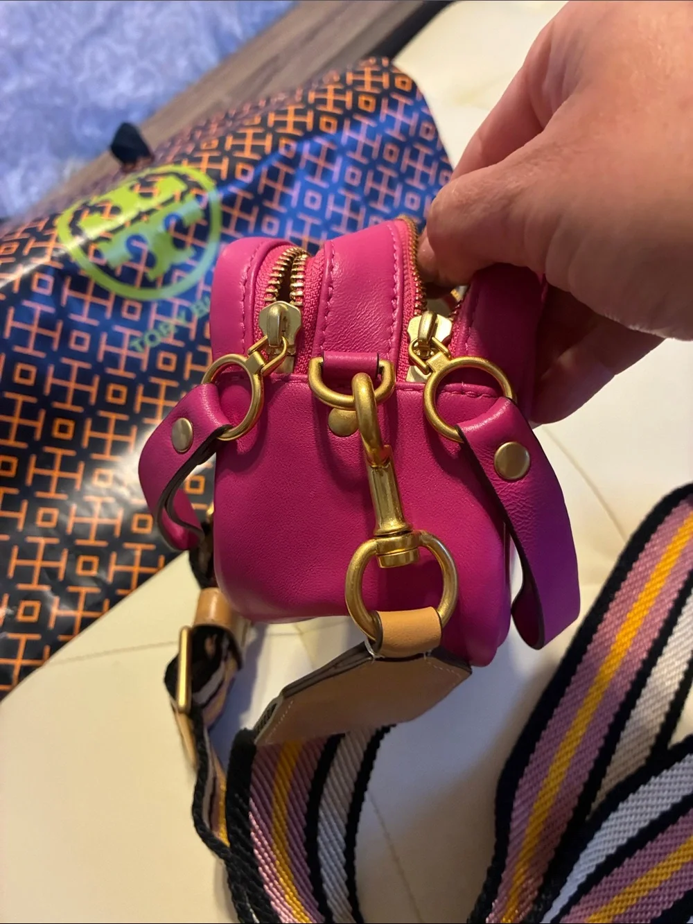 Tory Burch Fuchsia Embossed Leather Crossbody with Striped Web Strap
